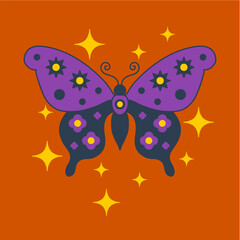 Animal flat hand drawn illustration. tattoos, palm leaves, flowers in simple abstract style illustration, traditional colorfull floral plant eagle hawk swallow butterfly blink fire plant