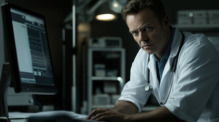 Fototapeta premium cardiologist mature doctor in white coat reading an ekg on computer