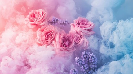 Fototapeta premium Soft Pastel Roses Surrounded by Ethereal Smoky Haze and Flowers