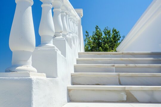 Minimal buildings background with traditional Greek style architecture. Low angle view of white houses against a blue clear summer sky. Neural network ai generated