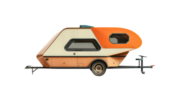 Small orange and beige camper trailer isolated on transparent background