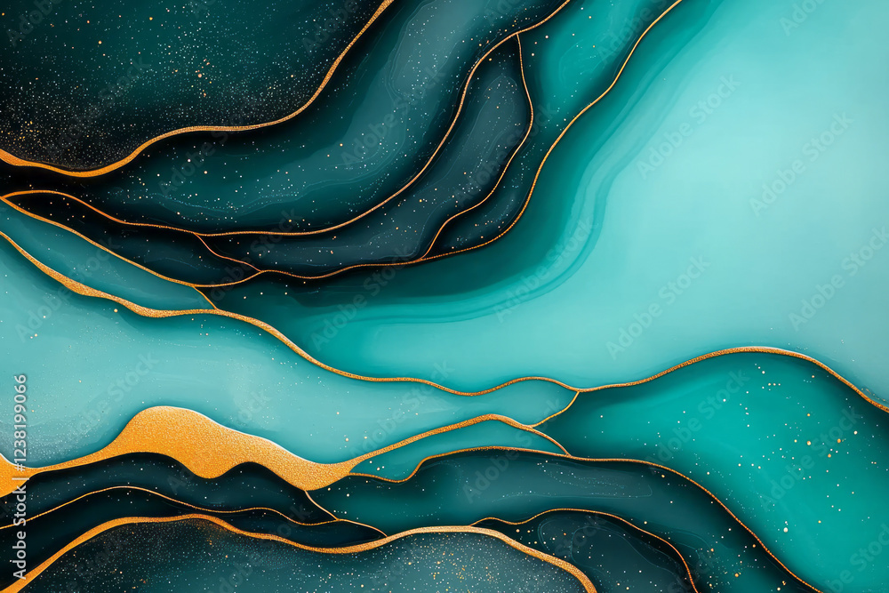 Poster a dynamic fluid art background featuring swirling teal and gold pigments blending in a mesmerizing a