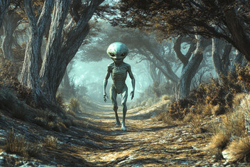 Obraz premium Mysterious alien figure walking amidst twisted trees on a sunny day in a surreal landscape