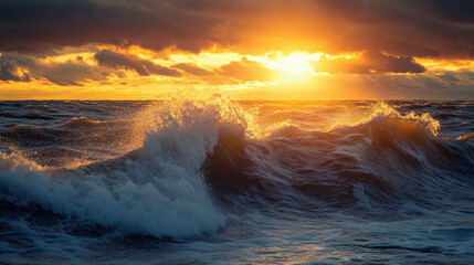 A dramatic sunset over turbulent ocean waves, capturing the beauty of nature's elements.