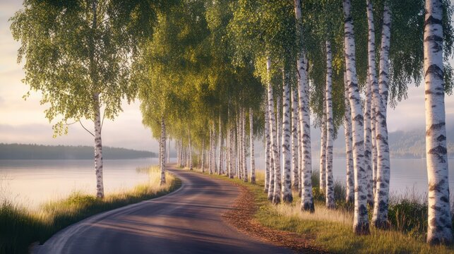 serene lkeside rod lined with tll birch trees under soft morning light