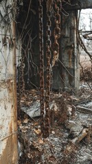 Obraz premium Rusty Chains Hanging in Abandoned Industrial Space with Overgrowth