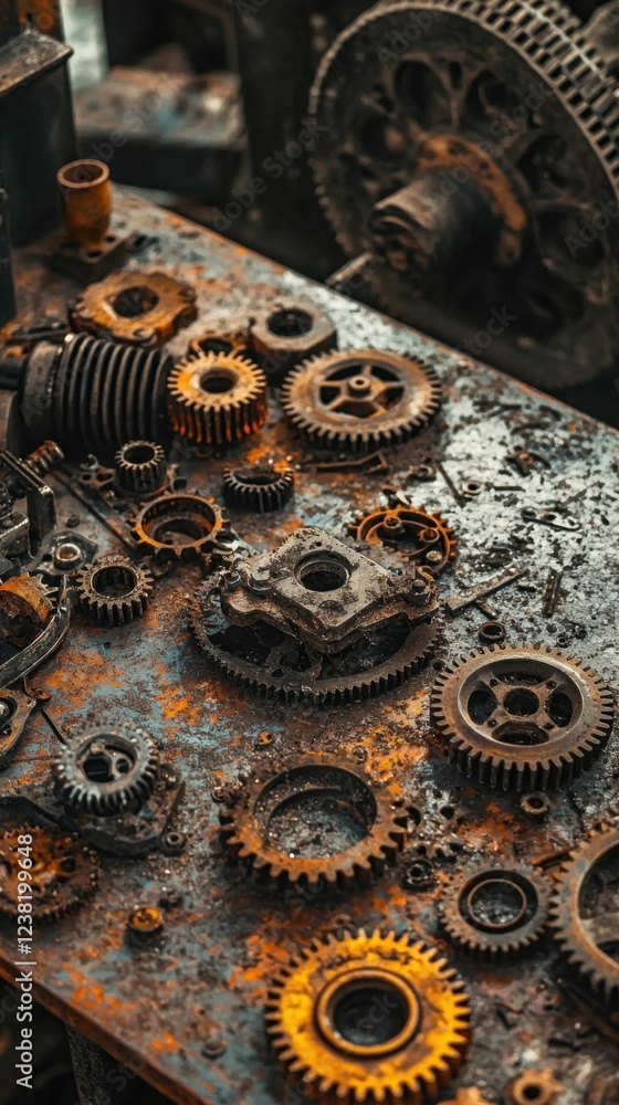 Poster rusty gears and cogs spread across a weathered workbench surface