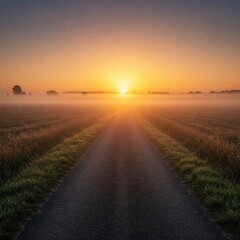 A serene rural road stretching into the horizon, surrounded by misty fields at sunrise, creating a peaceful and ethereal atmosphere.