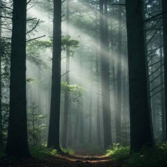 A misty forest with tall trees, where ethereal sunbeams pierce through the dense canopy, creating a serene and magical atmosphere.