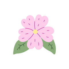Sakura Flower with leaves. Hand drawn vector illustration of cherry blossom in flat style. Beautiful spring pink flower. Japanese Hanami symbol