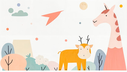 Minimalist kids room wall mural with pastel animal prints on white background