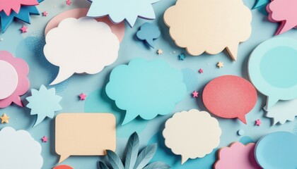 Colorful speech bubbles on a blue background with decorative elements