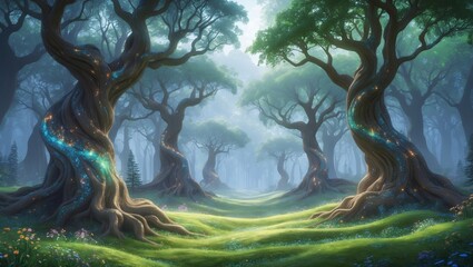 Enchanted forest with magical trees and lush green grass during misty morning