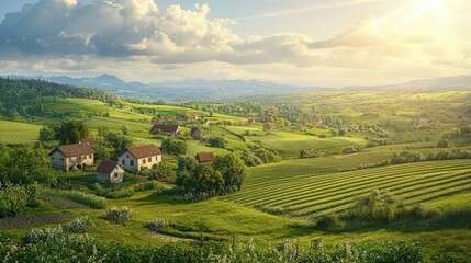 Fototapeta premium daytime countryside view, where lush green fields stretch to the horizon and small farmhouses dot the landscape.