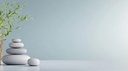 Serene Arrangement of Smooth Stones and a Bamboo Plant on a Calm Light Blue Background for Relaxation and Zen