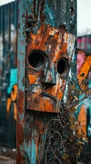 Rusty Mask on Metal Post Surrounded by Urban Graffiti and Vines