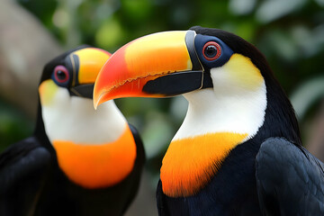 Toucans profile, jungle backdrop, wildlife closeup