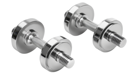 Two chrome dumbbells isolated on transparent background for fitness training