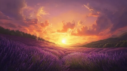 Fototapeta premium lavender field stretching into the distance under a golden sunset, radiating calmness and romance