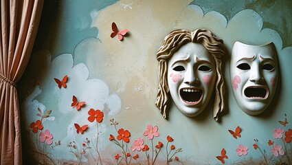 Dramatic theater masks on a wall with flowers butterflies and draped fabric