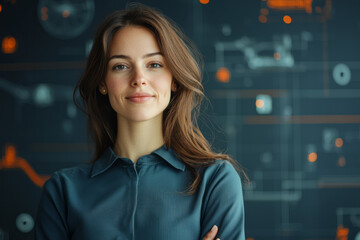 Obraz premium A sophisticated portrait of a woman engineer in a smart casual outfit, standing confidently against a backdrop of a futuristic city skyline with visible construction elements,