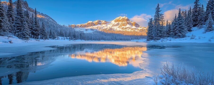 Frozen lake nature concept. A serene winter landscape with snow-covered mountains and a reflective lake at sunset.