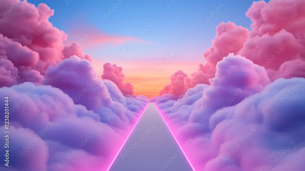 Poster a high-resolution render of a retro neon sky with a long, illuminated road cutting through vibrant s