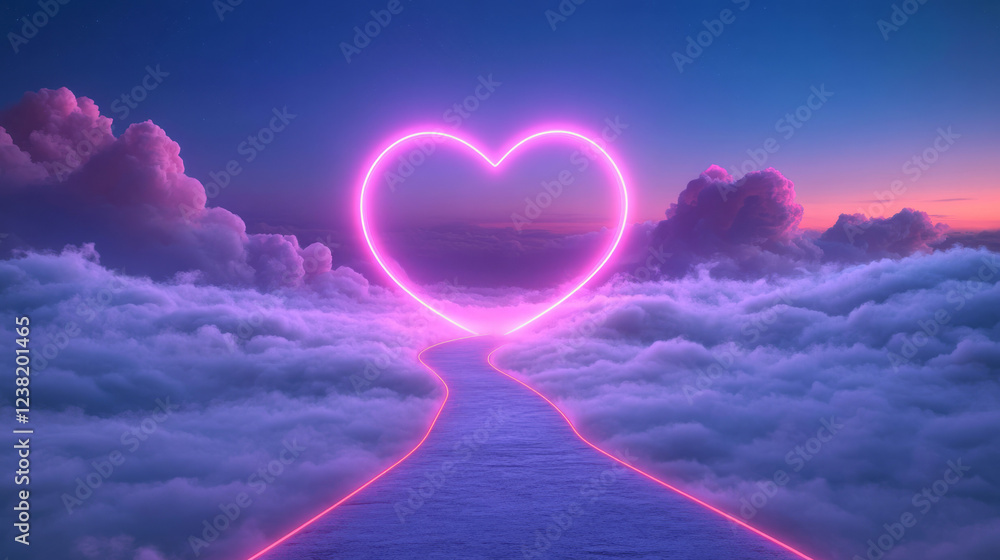 Poster a high-resolution render of a retro neon sky with a long, illuminated road cutting through vibrant s