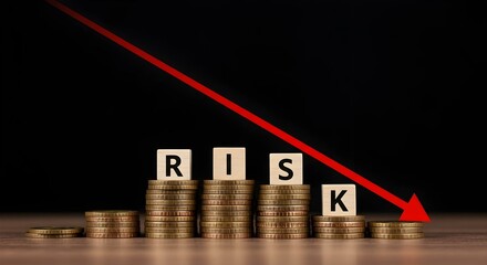 Risk wording on decreasing coins stacking with down arrow for financial banking risk analysis and management, Risk and a down arrow. Reduce financial risk for investment and capital., chart with sign