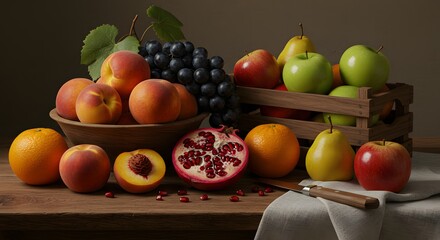 Still Life Fruit Photography Peaches Apples Pomegranates Grapes © Dinda