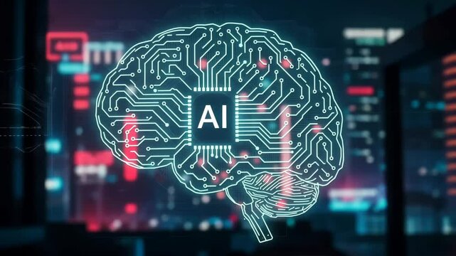 AI, brain and technology with digital network, circuit and concept for innovation, machine learning or future. Artificial intelligence, data and cybersecurity with connection or science