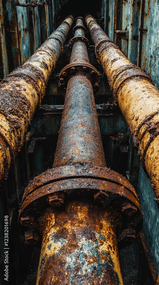 Poster industrial pipe system in abandoned building with rusty texture
