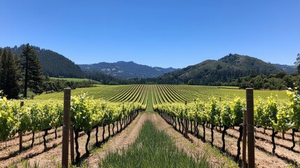 Fototapeta premium vineyard under a clear blue sky, with rows of grapevines stretching into the horizon, offering feelings of abundance.