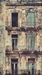 Weathered Facade of an Abandoned Building with Elegant Balconies