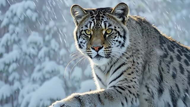 Snow leopard, portrait and wildcat in snow, winter and wildlife with predator, feline and hunter. Animal, nature and cold with mammal in mountain for environment, wilderness or ecology