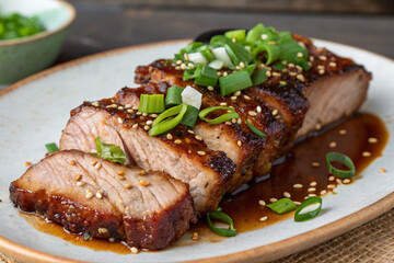Grilled pork with soy sauce, sliced Sprinkled with chopped green onions in a white plate