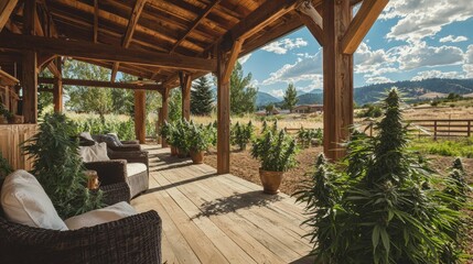 Fototapeta premium Cozy Porch with Green Plants and Scenic Mountain View