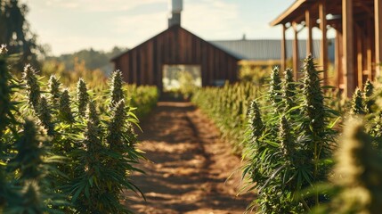Lush Green Cannabis Plants Growing in Sunny Farm Landscape