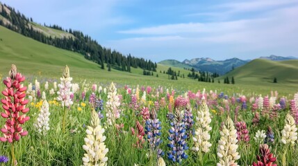 Obraz premium Tropical island nature concept. A vibrant field of wildflowers in full bloom under a clear blue sky and green hills.