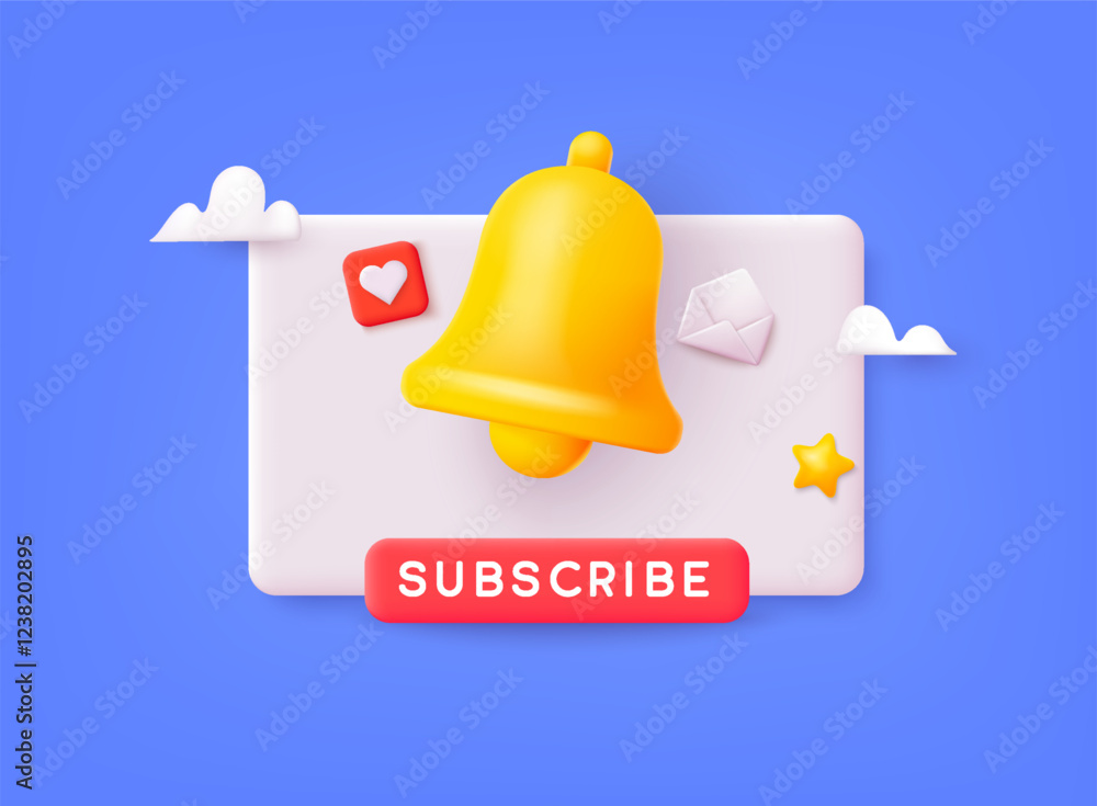 Poster subscribe 3d illustration. notifications page with floating elements. business planning ,events, rem