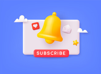 Subscribe 3D Illustration. Notifications page with floating elements. Business planning ,events, reminder and timetable with 3d rendering. 3D Web Vector Illustrations.