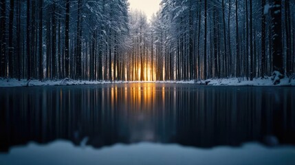 Obraz premium Frozen lake nature concept. Serene winter landscape with snow-covered trees and a tranquil lake at sunset.