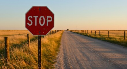 Stop Sign on Rural Dirt Road at Sunset