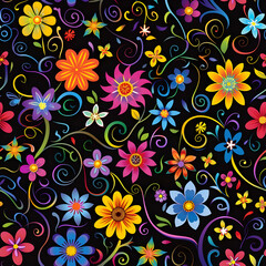 A vibrant floral pattern with colorful flowers and swirling vines on a black background.