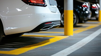 A close-up view of a parked car's rear in a parking garage with yellow lines and a pole.