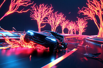 Naklejka premium Nighttime drive on a futuristic highway with neon trees and a damaged vehicle