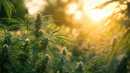 Naklejka premium Lush Cannabis Plants Bathed in Golden Sunset Light Over Fields