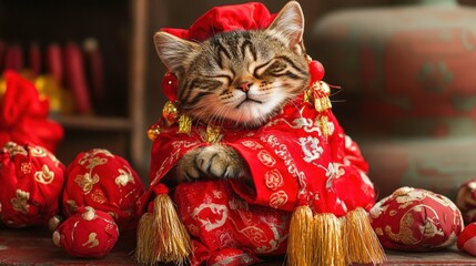 cat in a red Chinese New Year costume, embellished with golden tassels and patterns of good luck, ready to usher in a prosperous year ahead