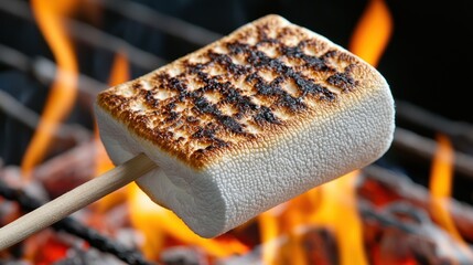 A toasted marshmallow on a stick held over a campfire, highlighting a classic outdoor treat.
