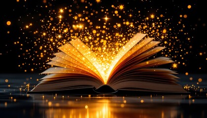 an open book with a glowing light coming out of its pages and stars in the sky above it on a black background with a black background of stars and a black background generative ai